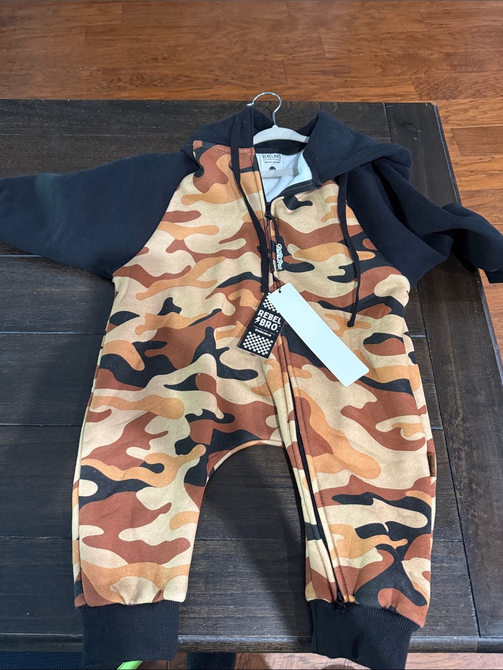 Rebelbro Kids Camouflage Hooded One-Piece Romper - Black & Brown Camo